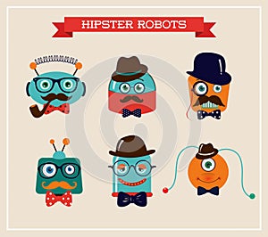 Set of cute retro hipster robots heads