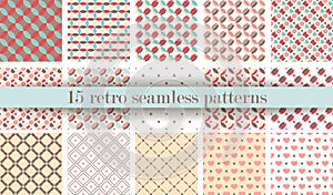 Set of Cute retro seamless pattern. Retro pink, white and blue colors.