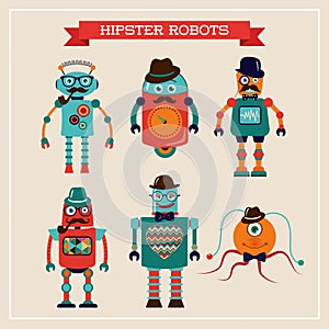 Set of cute retro vintage hipster robots