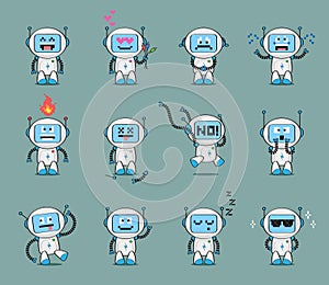 Set of cute robot character in different poses and with various emotions.