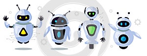 Set of cute robots, chatbots, AI bots characters design vector. AI technology and cyber characters. Futuristic technology service