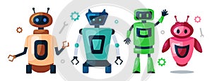 Set of cute robots, chatbots, AI bots characters design vector. AI technology and cyber characters. Futuristic technology service