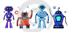 Set of cute robots, chatbots, AI bots characters design vector. AI technology and cyber characters. Futuristic technology service