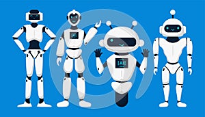 Set of cute robots, chatbots, AI bots characters design vector. AI technology and cyber characters. Futuristic technology service