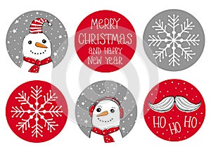 Set of 6 Cute Round Shape Christmas Vector Stickers. Santa Claus Moustache and Snowmans.