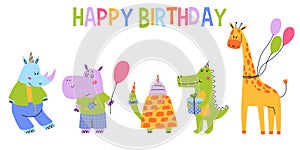 Set cute safari animal. Fun turtle, rhinoceros, hippopotamus, giraffe and crocodile. Happy birthday, greeting card.