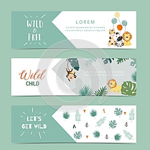 Set of cute safari with giraffe, zebra,monkey.Vector illustration for baby invitation, kid birthday invitation,banner and postcard