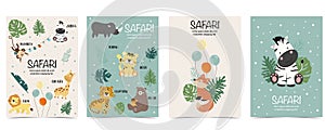 Set of cute safari with giraffe, zebra,monkey.Vector illustration for baby invitation, kid birthday invitation,banner and postcard