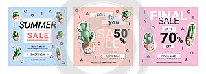 Set of cute sale banners with embroidery cactus.