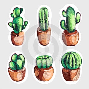 Set of cute sale embroidery cactus in a pots icons