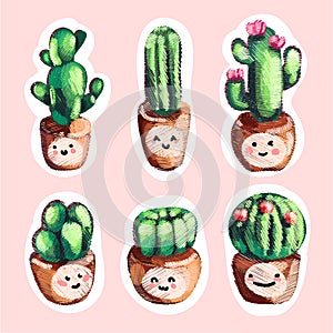 Set of cute sale embroidery cactus in a pots icons with smile.