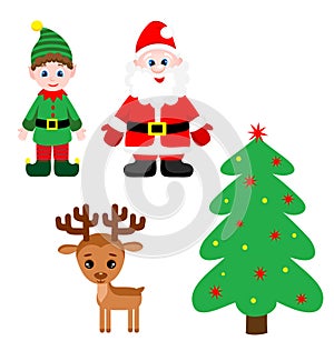 Set of cute santa claus, elf, christmas tree and reindeer.