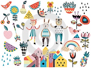 Set of cute scandinavian style elements and animals.