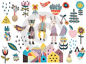 Set of cute scandinavian style elements and animals.