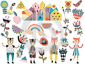 Set of cute scandinavian style elements and animals.