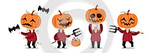 Set of cute Scarecrow . Halloween cartoon characters . Vector