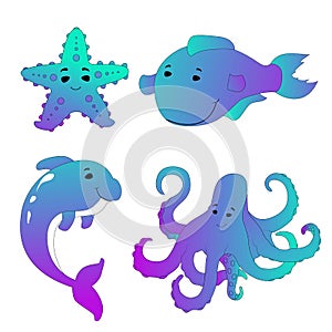 Set of cute sea animals. Series of marine animals in color on a white background. Collection of fish and sea animals