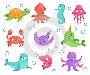 Set of cute sea animals. Turtle, narwhal, fur seal, jellyfish, squid, octopus, shrimp, sea horse, crab, stingray. Sea life.