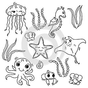 Set of cute sea creatures for baby coloring book, adorable kawaii cartoon drawn ocean animals, editable black and white