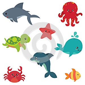 Set of cute sea creatures. Set funny fauna of ocean cartoon vector illustration