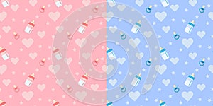 Set of cute  seamless pattern with baby bottle, pacifier, heart