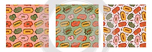 Set of cute seamless pattern with speech bubble with short messages. Backdrop with doodle chat clouds with handwritten