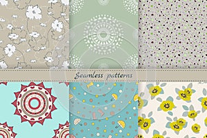 Set of cute seamless patterns. Endless texture for wallpaper, fill, web page background, fabric,covers. Different themes:floral,