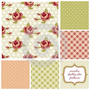 Set of cute seamless Shabby Chic patterns with roses, polka dot and plaid