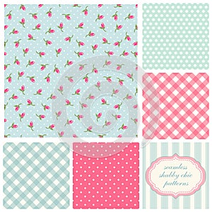 Set of cute seamless Shabby Chic patterns with roses, polka dot and plaid