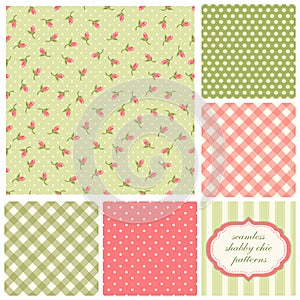 Set of cute seamless Shabby Chic patterns with roses, polka dot and plaid
