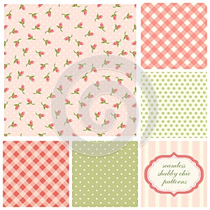 Set of cute seamless Shabby Chic patterns with roses, polka dot and plaid