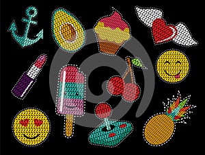 Set of cute sequin pop art retro patch icons