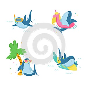 Set of Cute Sharks Snorkeling, Float Inflatable Ring, Relax under Pam Tree and Riding Surf Board on Sea Waves photo
