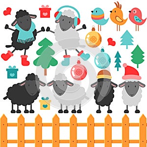 Set of cute sheep and christmas elements