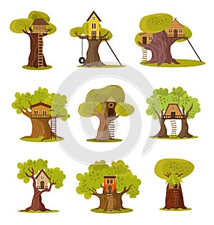 Set of cute small tree houses. Vector illustration in flat cartoon style.