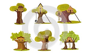 Set of cute small tree houses. Vector illustration in flat cartoon style.