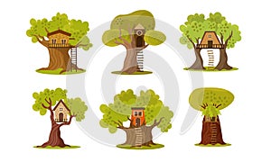 Set of cute small tree houses. Vector illustration in flat cartoon style.