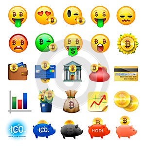 Set of cute smiley emoticons, emoji design, bicoin, business, crypto currency icons, vector ilustration.