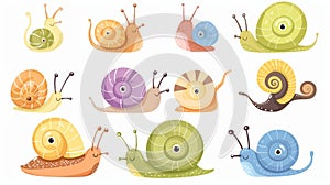 Set of cute snails, cute snails. Slimy snails, kawaii baby characters, gastropods, helix fauna. Children's flat