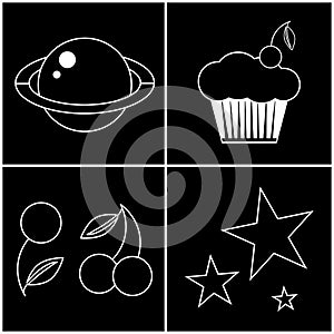 Set of cute space elements from planets and delicious muffins, for composing a background or banner. Vector EPS 10