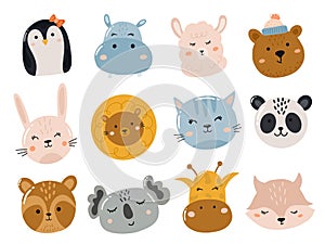 Set of cute stickers with animals head and face