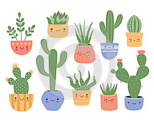 Set of cute succulents cactus with smiling face