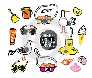 A set of cute summer and beach icons. Vector hand drawn illustration.