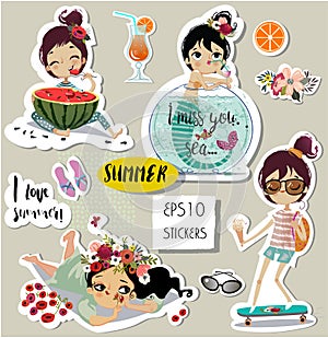 Set with cute summer cartoon girl