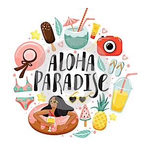 Set of cute summer elements and lettering. Ice cream, camera, woman with swim ring, flip flops, sunglasses, hat, swimsuit,