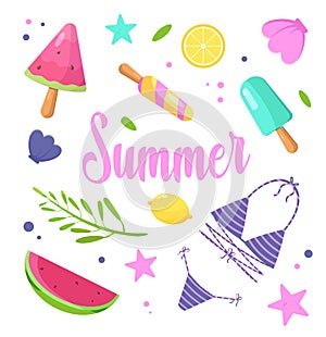 Set of cute summer elements: palm tree, calligraphy, lemons, ice cream. watermelon, swimsuit, starfish. Perfect for