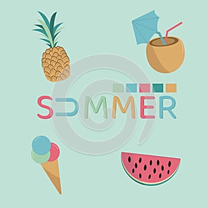 Set of cute summer icons: food, drink, summer, fruit and ice cream