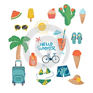 Set of cute summer icons: food, drinks, palm leaves, flip flops, life buoy sun,glasses, cactus, cocktail, hat, ice cream