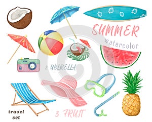 Set of cute summer icons: food, drinks, palm leaves, fruits. Bright summertime poster. Collection of scrapbooking