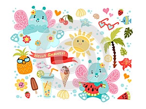 Set of cute summer icons food, drinks, palm leaves, fruits and cute butterflies.